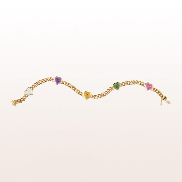 Bracelet with hearts of amethyst, pink and green tourmaline, citrine and aquamarine in 18kt yellow gold