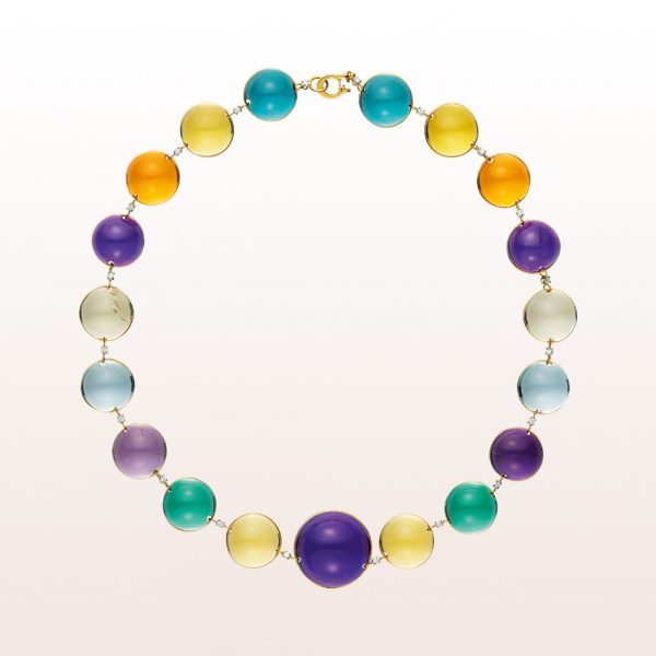 Necklace with amethyst, prasiolite, citrine and topaz cabochons in 18kt yellow gold