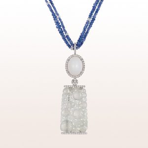 Pendant with white opal, white jade and brilliant cut diamonds on a collier with sapphire and labradorite in 18kt white gold