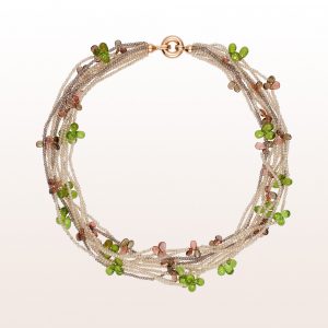 Necklace with brown zircon, brown garnet, andalusite, peridot and an 18kt rose gold clasp
