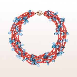 Necklace with coral, topaz and an 18kt rose gold clasp