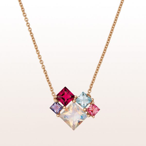 Necklace with moonstone, rhodolite, topaz, Iolite and rubellite in 18kt rose gold