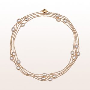 Necklace with brown zircon, fresh water pearl and an 18kt rose gold magnetic clasp