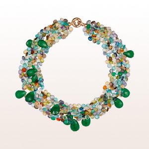 Necklace with multi-coloured quartz, green agate and an 18kt rose gold clasp