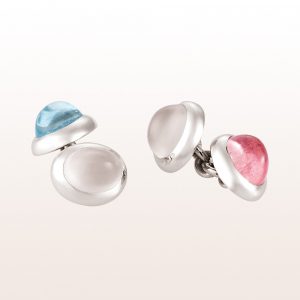 Cufflinks with rubellite cabochon 3,35ct, moonstone cabochons 6,04ct and aquamarine cabochon 3,19ct in 18kt white gold