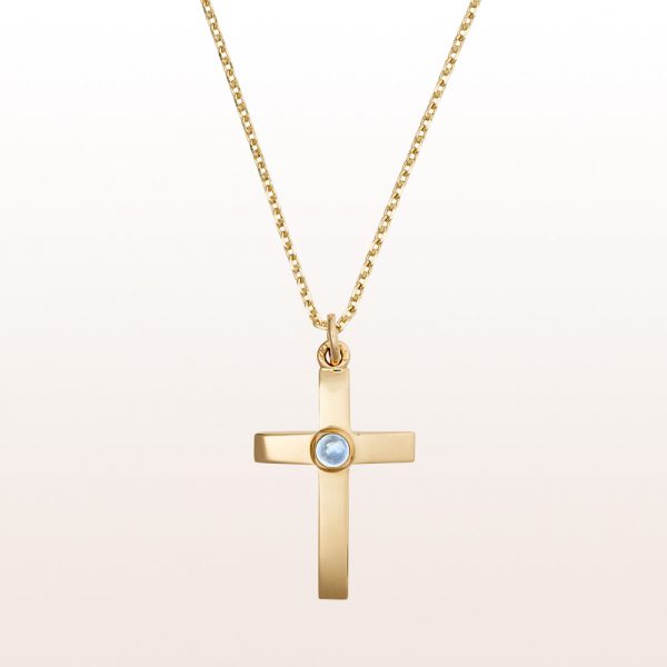 Cross-pendant with aquamarine cabochon in 18kt yellow gold