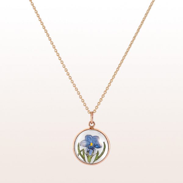 Pendant with gentian on crystal quartz and mother of pearl in 18kt rose gold