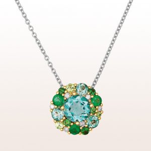 Necklace with apatite, emerald, tsavorite and brilliant cut diamonds 0,08ct in 18kt white gold