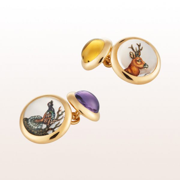 Cufflinks with grouse and deer of crystal quartz and mother of pearls with amethyst and citrine cabochons in 18kt yellow gold