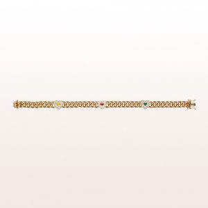 Curb chain bracelet with yellow sapphire 0,14ct, ruby 0,13ct, emerald 0,11ct and brilliant cut diamonds 0,77ct in 18kt yellow gold