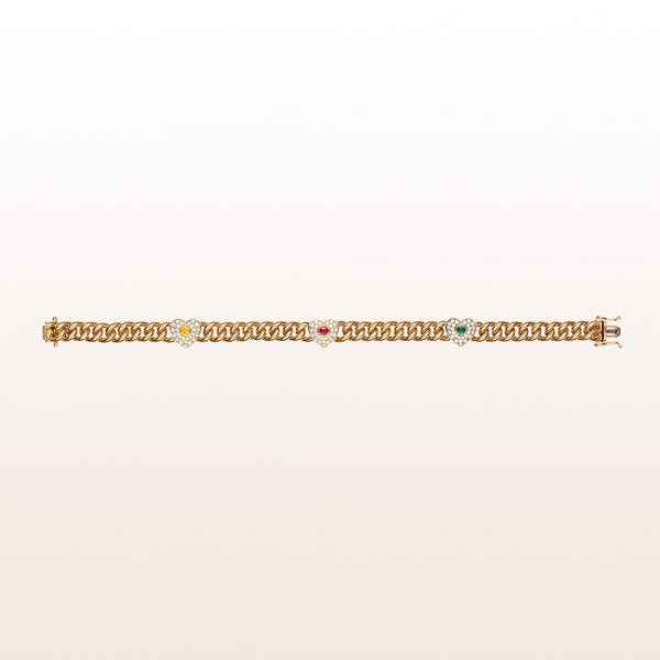 Curb chain bracelet with yellow sapphire 0,14ct, ruby 0,13ct, emerald 0,11ct and brilliant cut diamonds 0,77ct in 18kt yellow gold