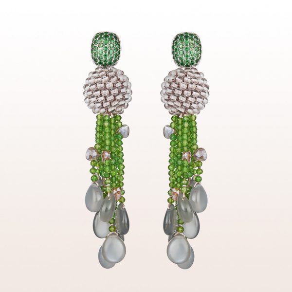 Earrings with tsavorite, rock crystal, labradorite and grey moonstone in 18kt white gold