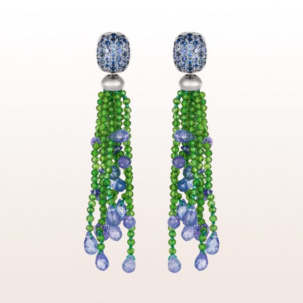 Earrings with sapphire 1,65ct, diopside and topaz in 18kt white gold