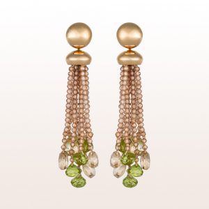 Earrings with brown zircon, smoky quartz and peridot in 18kt rose gold