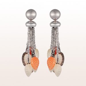 Earrings with labraforite and brown, grey and orange moon stone in 18kt white gold