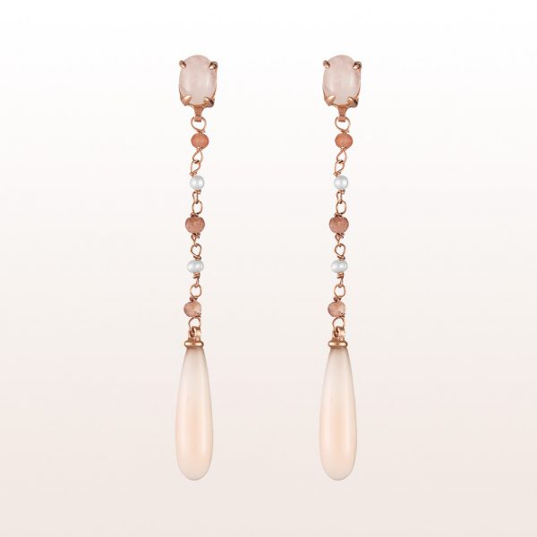 Earrings with rose quartz, coral, rhodochrosite and pearls in 18kt rose gold