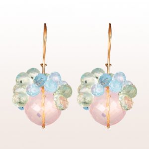 Earrings with rose quartz, topaz and prasiolite on 18kt yellow gold hooks