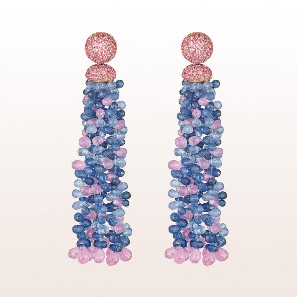 Earrings with pink and blue sapphire in 18kt yellow gold