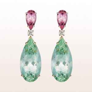 Earrings with morganite drops 3,54ct, brilliants 0,31ct and green beryl drops 32,28ct in 18kt white gold