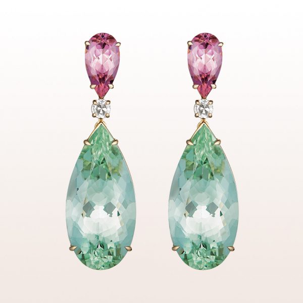 Earrings with morganite drops 3,54ct, brilliants 0,31ct and green beryl drops 32,28ct in 18kt white gold