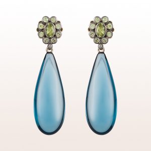 Earrings with peridot flowers and topaz drops in 18kt white gold