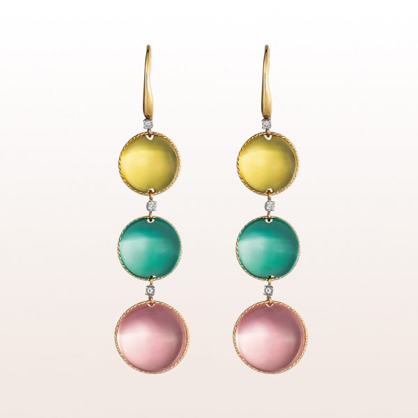 Earrings with citrine, prasiolite, rose quartz and brilliants 1,20ct in 18kt yellow gold