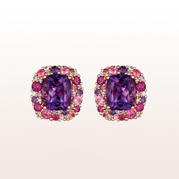 Earrings with amethyst, rhodolite, pink sapphire and brilliants 0,22ct in 18kt rose gold