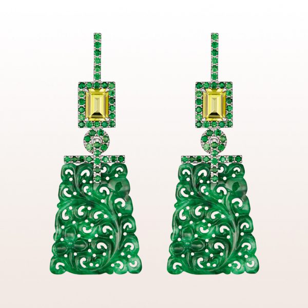 Earrings with green jade, yellow turmaline1,77ct and tsavorite 1,55ct in 18kt white gold