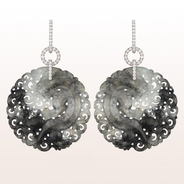 Earrings with grey jade and diamonds 0,87ct in 18kt white gold