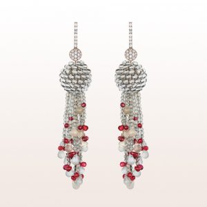 Earrings with brilliants, rock crystal, labradorite, moon stone and garnet in 18kt white and rose gold