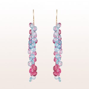 Earrings with blue zircon and rubellite in 18kt yellow gold