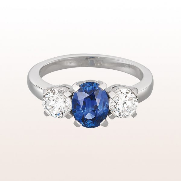 Ring with sapphire 1,72ct and brilliant cut diamonds 0,96ct in 18kt white gold