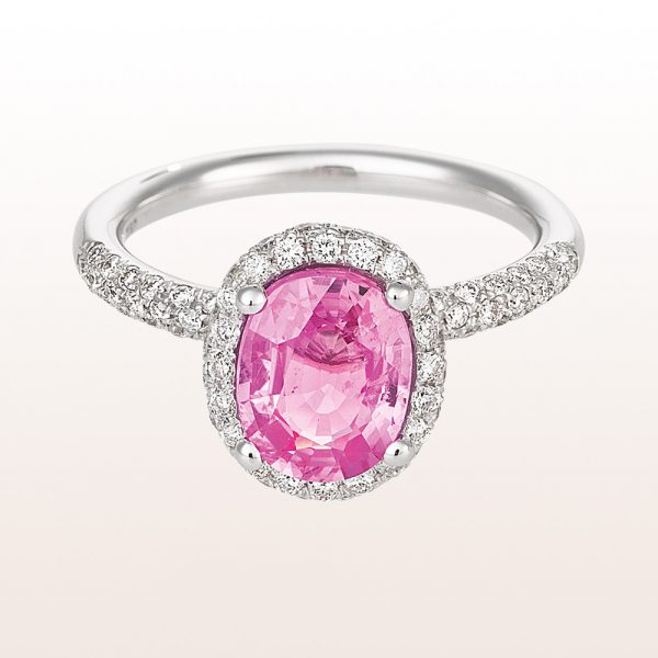 Ring with pink sapphire 2,50ct and brilliant 0,55 in 18kt white gold