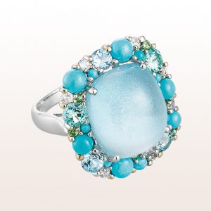 Ring with topaz, turquoise, apatite and tsavorite in 18kt white gold