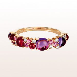 Ring with amethyst, pink sapphire, ruby and brilliants 0,12ct in 18kt rose gold