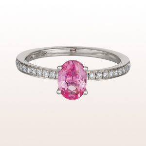 Ring with  pink sapphire 0,92ct and brilliants 0,16ct in 18kt white gold