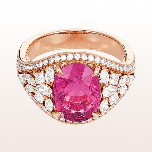 Ring with rubellite 3,75ct and diamonds 1,06ct in 18kt rose gold