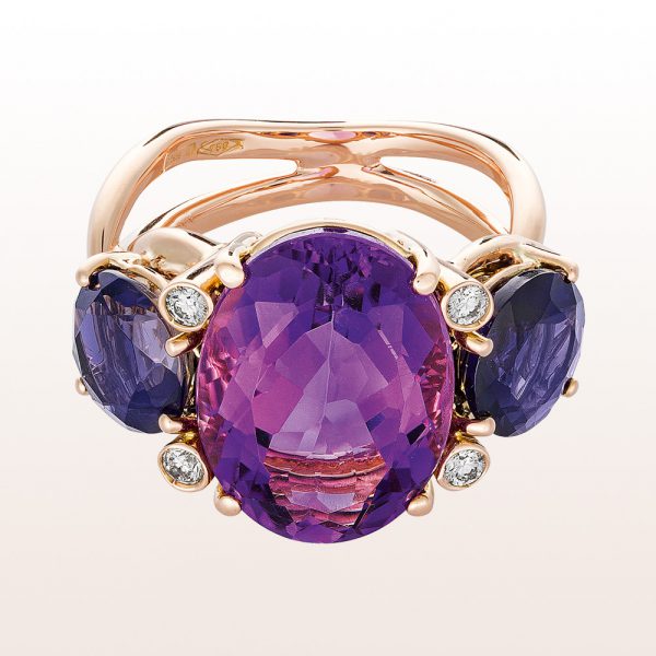Ring with amethyst, iolite and brilliants 0,14ct in 18kt rose gold
