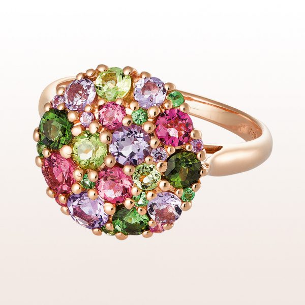 Ring mit Peridot, grünen und rosa Turmalinen und Amethysten in 18kt Gelbgold