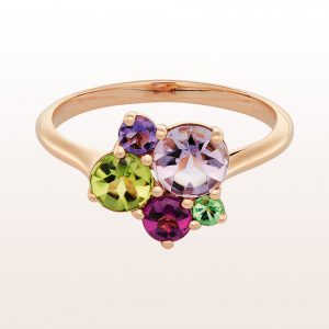Ring with amethyst, peridot, rhodolite and tsavorite in 18kt rose gold
