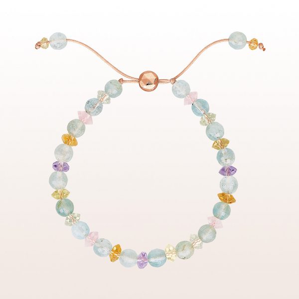 Bracelet with aquamarine and multi-coloured quartz with gold plated silver clasp