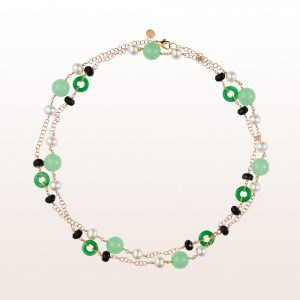 Necklace with green agate, pearls and onyx in 18kt yellow gold