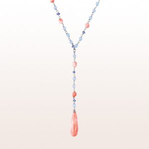 Necklace with coral, chalcedony and tanzanite in 18kt white gold