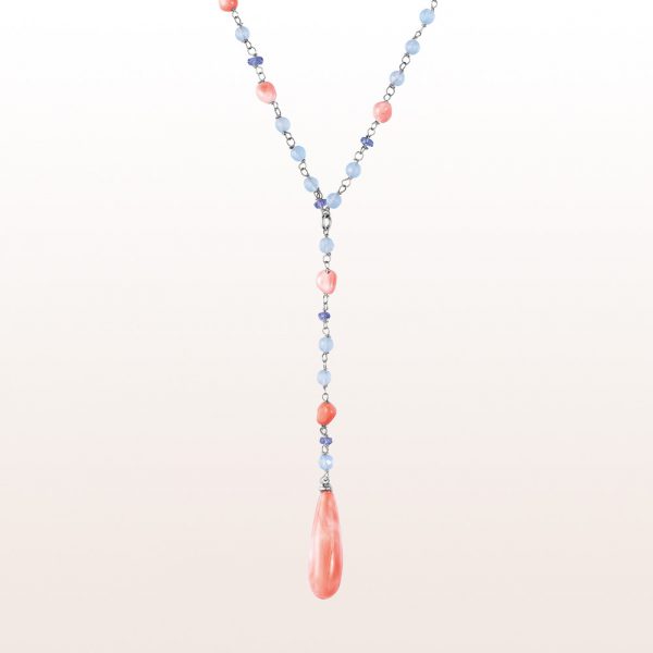 Necklace with coral, chalcedony and tanzanite in 18kt white gold