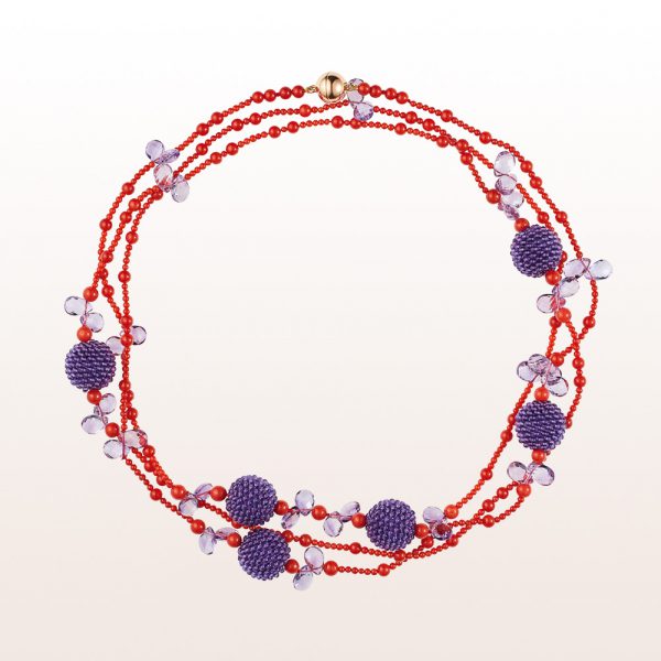 Necklace with coral, amethyst and a 14kt rosegold clasp