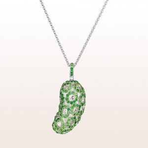 Pendant "Gurke" (engl. cucumber) by artist Erwin Wurm with tsavorite 1,54ct and peridot 1,40ct in 18kt white gold