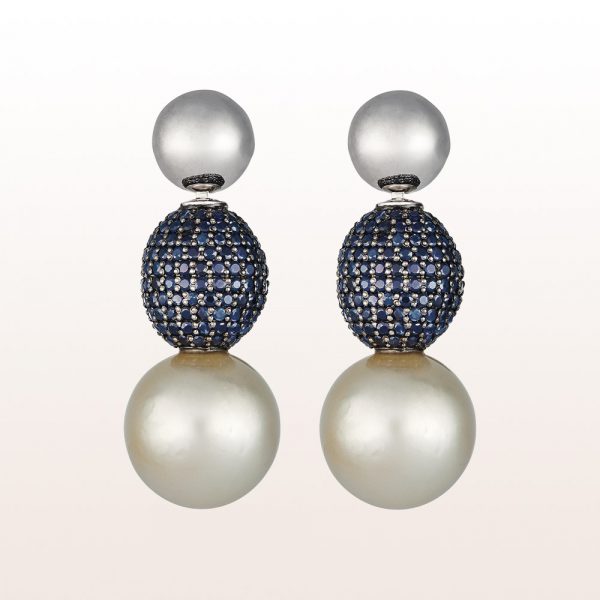 Earrings with sapphire and south sea pearl in 18kt white gold