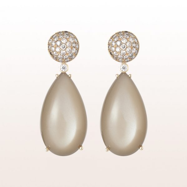 Earrings with brown brilliants 1,02ct and brown moon stone drops in 18kt rose gold