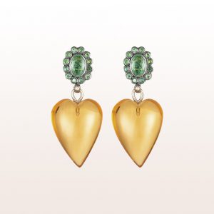 Earrings with emerald flowers and citrine hearts in 18kt yellow gold