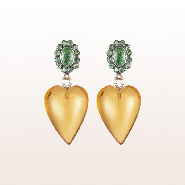 Earrings with emerald flowers and citrine hearts in 18kt yellow gold